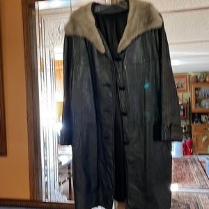 Black leather coat with fur collar